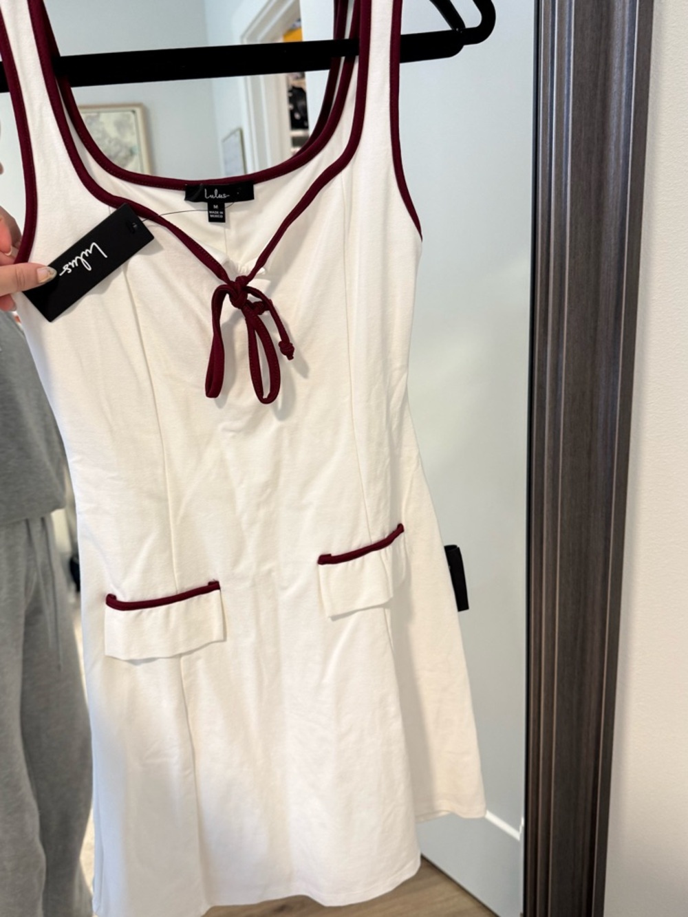 Lulu's Cream Tank Dress with Burgundy Trim and Front Tie